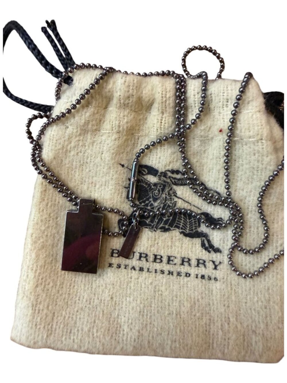 Burberry Mens Gun Metal-Tone Pendant Necklace With Drawstring Dust Bag